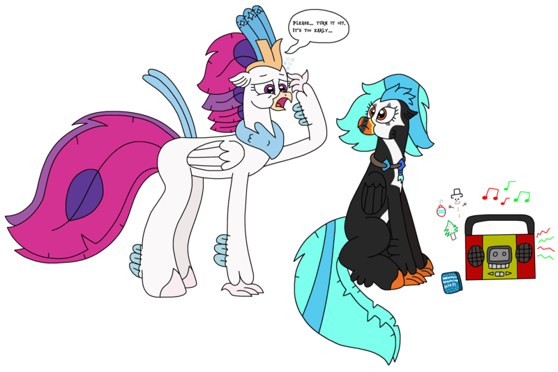 Size: 3057x2041 | Tagged: safe, artist:supahdonarudo, derpibooru import, queen novo, oc, oc:icebeak, classical hippogriff, hippogriff, g4, my little pony: the movie, boombox, christmas, christmas ornament, christmas tree, decoration, dialogue, headache, holiday, image, jewelry, looking at each other, looking at someone, music notes, necklace, png, relatable, simple background, sitting, snow, snowman, speech bubble, text, transparent background, tree