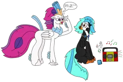 Size: 3057x2041 | Tagged: safe, artist:supahdonarudo, derpibooru import, queen novo, oc, oc:icebeak, classical hippogriff, hippogriff, g4, my little pony: the movie, boombox, christmas, christmas ornament, christmas tree, decoration, dialogue, headache, holiday, image, jewelry, looking at each other, looking at someone, music notes, necklace, png, relatable, simple background, sitting, snow, snowman, speech bubble, text, transparent background, tree