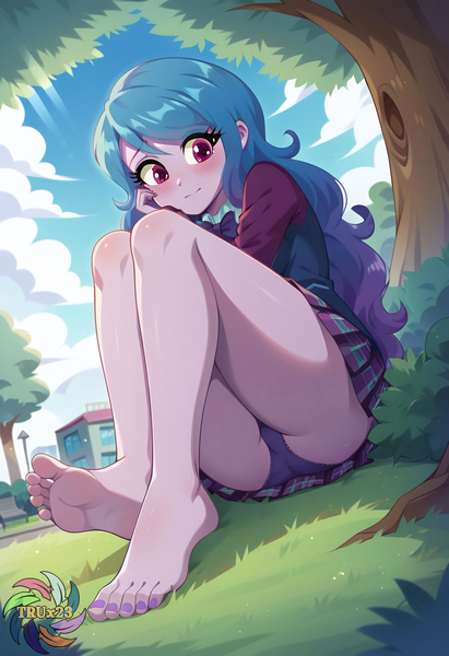 Size: 2496x3648 | Tagged: suggestive, ai content, derpibooru import, generator:civitai, machine learning generated, prompter:trux23, izzy moonbow, human, equestria girls, g4, g5, day, equestria girls-ified, feet, female, fetish, foot fetish, g5 to equestria girls, g5 to g4, generation leap, image, jpeg, low angle, shy, sitting, soles, solo, toes, worried