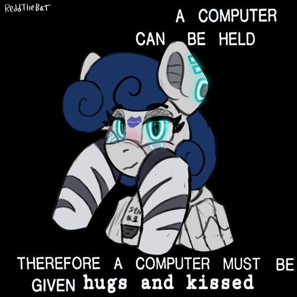 Size: 1456x1459 | Tagged: safe, artist:reddthebat, derpibooru import, oc, oc:syn (reddthebat), unofficial characters only, pony, robot, robot pony, black background, blushing, female, hoof on cheek, image, jpeg, kiss mark, lidded eyes, lipstick, looking at you, mare, simple background, smiling, smiling at you, solo, text