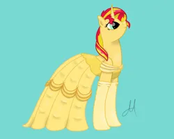 Size: 1280x1024 | Tagged: safe, artist:yinmai, derpibooru import, sunset shimmer, pony, unicorn, g4, beauty and the beast, belle, clothes, cute, dress, evening gloves, female, gloves, gown, horn, image, jpeg, long gloves, mare, smiling, solo