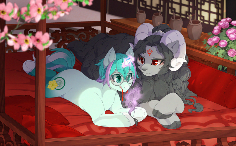 Size: 1250x775 | Tagged: safe, artist:mr-tiaa, derpibooru import, oc, unofficial characters only, pony, sheep, unicorn, :p, bed, braiding, duo, gay, glasses, glow, glowing horn, horn, image, lying down, male, mouth hold, png, prone, ram, tongue out