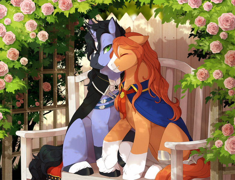 Size: 1250x958 | Tagged: safe, artist:mr-tiaa, derpibooru import, oc, unofficial characters only, earth pony, pony, unicorn, bench, cape, clothes, duo, eyes closed, floppy ears, gay, grin, holding hooves, horn, image, male, png, sitting, smiling, wedding arch