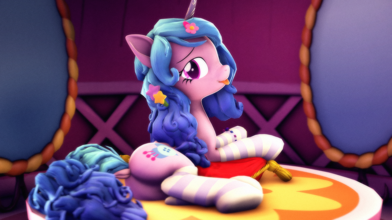 Size: 3840x2160 | Tagged: safe, alternate version, artist:psfmer, derpibooru import, izzy moonbow, pony, unicorn, g4, g5, 3d, accessory, bracelet, butt, clothes, cushion, cute, dock, female, g5 to g4, generation leap, hair ornament, high res, horn, image, izzy moonbutt, izzybetes, jewelry, looking at you, lying down, mane accessory, mare, plot, png, socks, solo, source filmmaker, striped socks, tail, tongue out