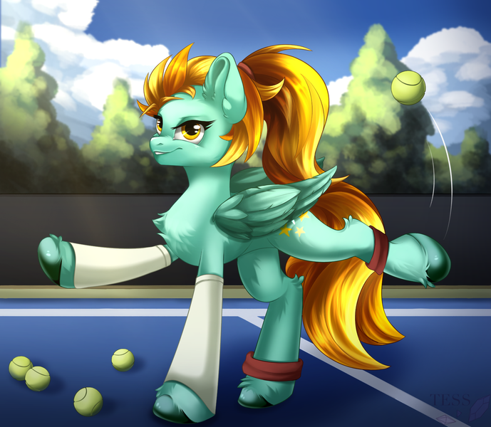 Size: 1634x1422 | Tagged: safe, artist:polinatess, derpibooru import, lightning dust, pegasus, pony, g4, ball, clothes, female, image, leg warmers, mare, png, smiling, smirk, solo, sports, standing on two hooves, tennis, tennis ball