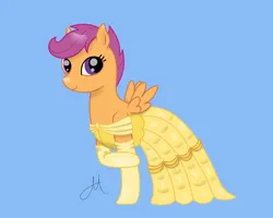 Size: 1280x1024 | Tagged: safe, artist:yinmai, derpibooru import, scootaloo, pegasus, pony, beauty and the beast, belle, clothes, cute, cutealoo, dress, evening gloves, female, filly, foal, gloves, gown, image, jpeg, long gloves, scootaloo also dresses in style, smiling, solo, spread wings, wings