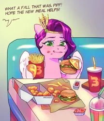 Size: 1715x1995 | Tagged: safe, artist:frank3dz, derpibooru import, pipp petals, pegasus, pony, g5, burger, chicken meat, chicken nugget, dialogue, drink, eating, female, food, french fries, happy, image, jpeg, ketchup, mare, mcdonald's, meat, restaurant, sauce, smoothie, solo