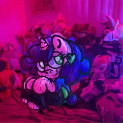 Size: 3840x3840 | Tagged: safe, artist:endercatcore, derpibooru import, oc, oc:artshine aura, unofficial characters only, original species, plush pony, pony, unicorn, glasses, horn, image, nonbinary oc, plushie, png, real life background, solo, unicorn oc