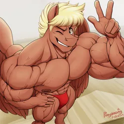 Size: 919x919 | Tagged: suggestive, artist:ponyanony, derpibooru import, oc, oc:flex, unofficial characters only, anthro, pegasus, bodybuilder, grin, high angle, image, male, male nipples, nipples, nudity, one eye closed, peace sign, png, smiling, solo, speedo, wink