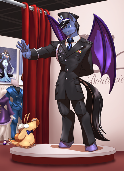 Size: 1637x2251 | Tagged: safe, artist:toughset, derpibooru import, oc, oc:dark forge, unofficial characters only, anthro, bat pony, unguligrade anthro, cap, dress uniform, dressing room, hat, image, male, night guard, png