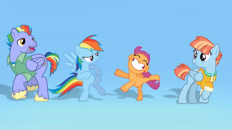 Size: 1280x718 | Tagged: artist needed, safe, anonymous artist, artist:deadparrot22, artist:starryshineviolet, artist:thunderelemental, derpibooru import, bow hothoof, rainbow dash, scootaloo, windy whistles, pegasus, pony, ^^, adopted, adopted daughter, adopted offspring, blue background, bluey, bowabetes, clothes, cute, cutealoo, dancing, dashabetes, eyes closed, family, father and child, father and daughter, female, filly, foal, freckles, grin, headcanon, headcanon in the description, image, jacket, male, mare, mother and child, mother and daughter, offspring, open mouth, open smile, parent:bow hothoof, parent:windy whistles, parents:windyhoof, png, reference, reference in the description, reference to another series, scootadoption, scootalove, ship:windyhoof, shipping, siblings, simple background, sisters, smiling, song in the description, spin-off, spread wings, stallion, straight, windybetes, wings