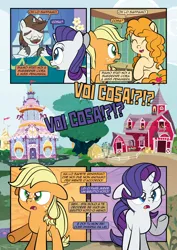 Size: 1920x2715 | Tagged: safe, artist:alexdti, derpibooru import, applejack, hondo flanks, pear butter, rarity, earth pony, pony, unicorn, comic:how we met (italian), g4, carousel boutique, female, filly, filly applejack, filly rarity, foal, horn, image, italian, jpeg, sweet apple acres barn, younger