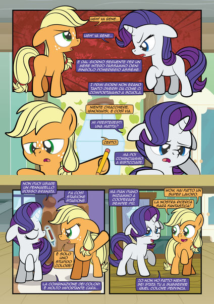 Size: 1920x2715 | Tagged: safe, artist:alexdti, derpibooru import, applejack, rarity, earth pony, pony, unicorn, comic:how we met (italian), g4, female, filly, filly applejack, filly rarity, floppy ears, foal, horn, image, italian, jpeg, magic, pencil, younger