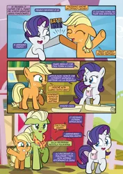 Size: 1920x2715 | Tagged: safe, artist:alexdti, derpibooru import, applejack, granny smith, rarity, earth pony, pony, unicorn, comic:how we met (italian), g4, bag, blank flank, eyes closed, female, filly, filly applejack, filly rarity, floppy ears, foal, hoofbump, horn, image, italian, jpeg, open mouth, saddle bag, speech bubble, sweet apple acres, trio, wrong eye color, young granny smith, younger