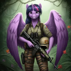 Size: 1024x1024 | Tagged: safe, ai content, derpibooru import, generator:google imagen 3.0, machine learning generated, prompter:zerowinger, twilight sparkle, twilight sparkle (alicorn), alicorn, anthro, series:g.i. pony: a real equestrian hero, g4, assault rifle, binoculars, clothes, cosplay, costume, duke, fatigues, female, forest, g.i. joe, gun, helmet, image, jpeg, jungle, military uniform, nature, rifle, solo, tiger force, tree, uniform, weapon, wings