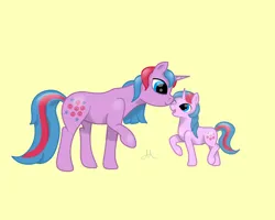 Size: 5000x4000 | Tagged: safe, artist:yinmai, derpibooru import, baby buttons, buttons (g1), pony, unicorn, g1, g4, duo, female, filly, foal, g1 to g4, generation leap, horn, image, jpeg, mare, nuzzling, one eye closed, open mouth, open smile, raised hoof, raised leg, simple background, smiling, tail, yellow background