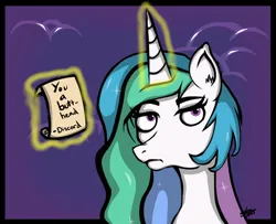 Size: 1600x1300 | Tagged: safe, artist:norsecyborg, artist:odibon, derpibooru import, princess celestia, alicorn, pony, g4, annoyed, celestia is not amused, female, grammar error, image, letter, magic, mare, note, png, solo, unamused