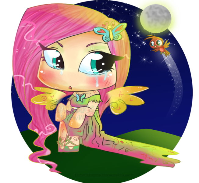 Size: 800x735 | Tagged: safe, artist:jujubacandy, derpibooru import, fluttershy, anthro, bird, pegasus, g4, 2011, arm hooves, chibi, crying, female, image, moon, night, no nose, old art, png, solo focus, watermark