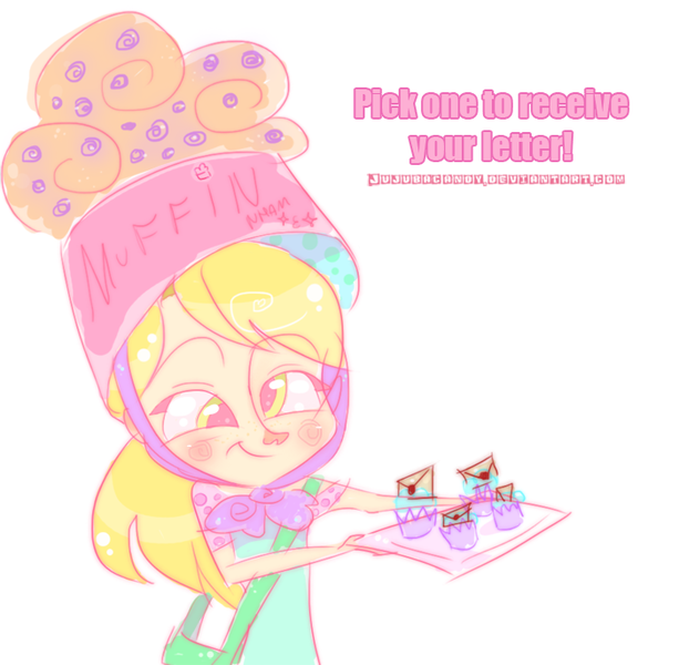 Size: 700x685 | Tagged: safe, artist:jujubacandy, derpibooru import, derpy hooves, human, g4, 2011, food, humanized, image, letter, muffin, muffin hat, old art, png, simple background, solo, text, white background