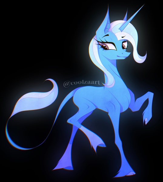 Size: 2468x2754 | Tagged: safe, artist:coolzaart, derpibooru import, trixie, classical unicorn, pony, unicorn, g4, black background, cloven hooves, female, horn, image, jpeg, leonine tail, mare, profile, raised hoof, signature, simple background, solo, unshorn fetlocks