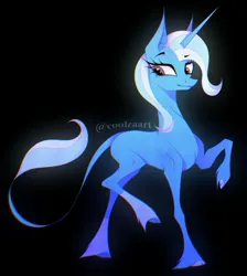 Size: 2468x2754 | Tagged: safe, artist:coolzaart, derpibooru import, trixie, classical unicorn, pony, unicorn, g4, black background, cloven hooves, female, horn, image, jpeg, leonine tail, mare, profile, raised hoof, signature, simple background, solo, unshorn fetlocks