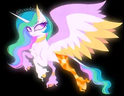 Size: 1987x1541 | Tagged: safe, artist:coolzaart, derpibooru import, princess celestia, alicorn, pony, black background, cloven hooves, colored wings, colored wingtips, female, image, jpeg, leonine tail, mare, redesign, signature, simple background, solo, tail, unshorn fetlocks, wings