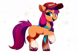 Size: 1080x739 | Tagged: safe, ai content, derpibooru import, machine learning generated, sunny starscout, earth pony, g5, ai errors, chest fluff, coat markings, current events, ear fluff, hair tie, happy, image, jpeg, maga hat, necktie, open smile, politics, raised hoof, simple background, solo, sparkles, unshorn fetlocks, white background