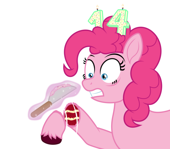 Size: 5200x4540 | Tagged: safe, alternate version, artist:moonlight bloom, derpibooru import, pinkie pie, ponified, earth pony, food pony, original species, pony, absurd resolution, cake, candle, everything is cake, eyebrows, female, fire, food, frosting, gritted teeth, hooves, image, implied trixie, knife, levitation, looking at something, magic, magic aura, mare, mlp fim's fourteenth anniversary, offscreen character, png, red velvet cake, severed hoof, shocked, simple background, solo, teeth, telekinesis, textless, textless version, transparent background, unshorn fetlocks, vector, wide eyes