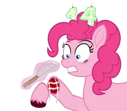 Size: 5200x4540 | Tagged: safe, alternate version, artist:moonlight bloom, derpibooru import, pinkie pie, ponified, earth pony, food pony, original species, pony, absurd resolution, cake, candle, everything is cake, eyebrows, female, fire, food, frosting, gritted teeth, hooves, image, implied trixie, knife, levitation, looking at something, magic, magic aura, mare, mlp fim's fourteenth anniversary, offscreen character, png, red velvet cake, severed hoof, shocked, simple background, solo, teeth, telekinesis, textless, textless version, transparent background, unshorn fetlocks, vector, wide eyes