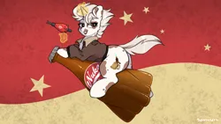 Size: 4800x2700 | Tagged: safe, artist:itsspoops, derpibooru import, oc, oc:ripley, unofficial characters only, pony, unicorn, drink, eyeshadow, female, horn, image, lipstick, looking at you, magic, makeup, mare, nuka cola, pinup, png, raygun, soda, solo, wallpaper