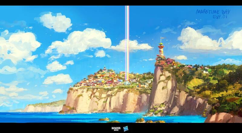 Size: 1440x794 | Tagged: safe, artist:pablo r. mayer, boulder media, derpibooru import, official, g5, boulder media logo, cloud, concept art, hasbro, hasbro logo, image, jpeg, logo, maretime bay, no pony, ocean, outdoors, sky, water