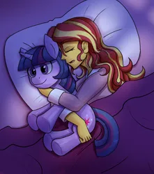 Size: 1500x1700 | Tagged: safe, artist:zachc, derpibooru import, sunset shimmer, twilight sparkle, human, pony, unicorn, equestria girls, g4, bed, bed sheets, clothes, eyes closed, female, hug, image, night, open mouth, pajamas, pillow, pillow hug, plushie, png, sleeping, smiling, solo, unicorn twilight