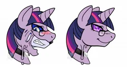 Size: 1500x800 | Tagged: safe, artist:hypnosiswolf, derpibooru import, twilight sparkle, goo, pony, unicorn, bondage, bust, collar, encasement, furry, furry to pony, glasses, horn, hypnosis, image, jpeg, portrait, simple background, transformation