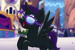 Size: 1001x661 | Tagged: safe, derpibooru import, oc, oc:nyx, unofficial characters only, alicorn, pony, g4, my little pony: the movie, adolescent, alicorn oc, blank flank, cropped, female, female oc, filly, flying, foal, glasses, horn, image, mare, mare oc, mlp movie pony maker, older, older nyx, open mouth, png, smiling, solo, solo female, sparkles, spread wings, teenager, wings