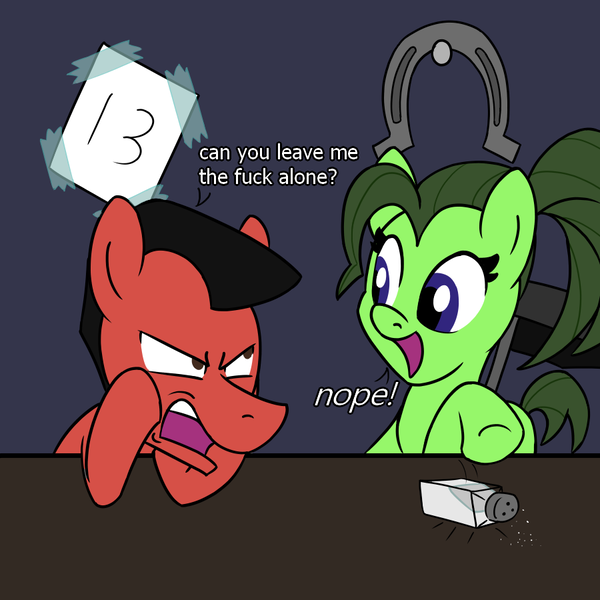 Size: 900x900 | Tagged: safe, artist:unitxxvii, derpibooru import, oc, oc:jaded fortune, unofficial characters only, earth pony, pony, dialogue, duo, duo male and female, female, food, friday the 13th, frown, horseshoes, image, male, mare, open mouth, open smile, png, ponysona, salt, smiling, stallion