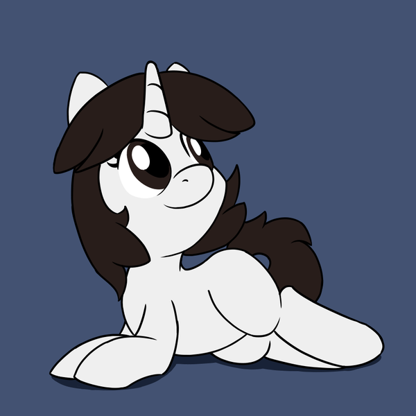 Size: 900x900 | Tagged: safe, artist:unitxxvii, derpibooru import, oc, oc:talim, unofficial characters only, pony, unicorn, blue background, female, horn, image, looking up, lying down, mare, png, prone, simple background, smiling, solo, sploot