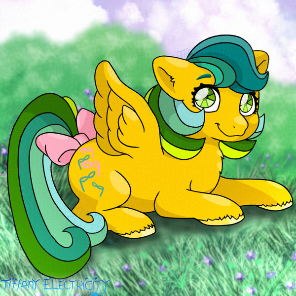 Size: 1280x1280 | Tagged: safe, artist:tiffanyelectricity, derpibooru import, masquerade (g1), pegasus, pony, twinkle eyed pony, g1, bow, female, grass, image, jpeg, looking at you, mare, signature, smiling, solo, spread wings, tail, tail bow, unshorn fetlocks, wings