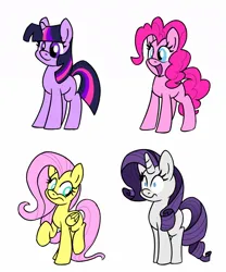 Size: 1000x1200 | Tagged: safe, artist:unitxxvii, derpibooru import, fluttershy, pinkie pie, rarity, twilight sparkle, earth pony, pegasus, pony, unicorn, g4, female, frown, horn, image, jpeg, mare, missing cutie mark, open mouth, open smile, pinpoint eyes, simple background, smiling, unicorn twilight, white background