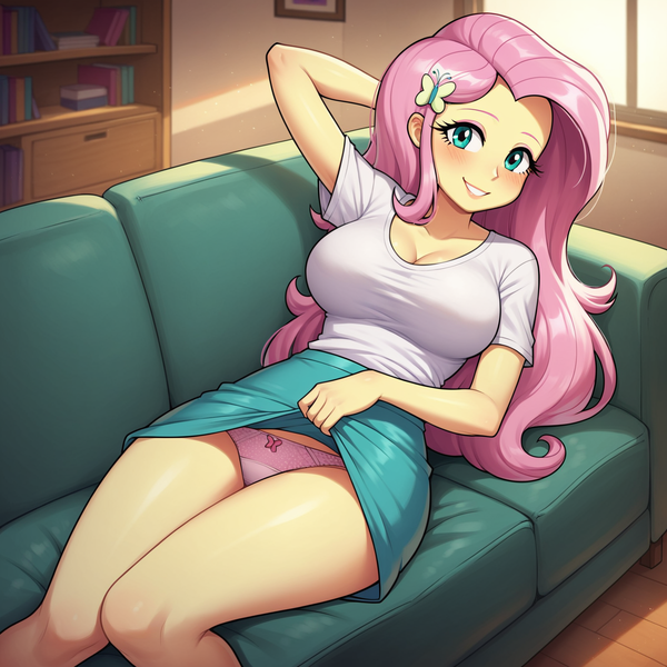 Size: 1536x1536 | Tagged: suggestive, ai content, derpibooru import, machine learning generated, prompter:funnyglow144, stable diffusion, fluttershy, human, equestria girls, g4, bedroom eyes, belly, big breasts, blushing, bow, bow panties, bow underwear, breasts, busty fluttershy, clothes, couch, equestria girls outfit, female, fetish, frills, frilly panties, frilly underwear, generator:pony diffusion v6 xl, image, indoors, looking at you, nudity, panties, panty fetish, panty shot, png, sexy, shirt, skirt, skirt lift, skirt pull, solo, solo female, spread legs, spreading, t-shirt, underwear, upskirt