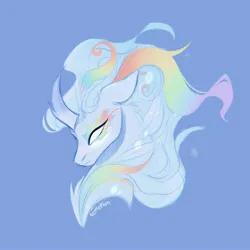 Size: 3500x3500 | Tagged: safe, artist:nettlemoth, derpibooru import, oc, oc:cloudy canvas, unofficial characters only, kirin, blank eyes, blue background, bust, glow, glowing eyes, image, jpeg, kirin oc, multicolored hair, profile, rainbow fire, rainbow hair, signature, simple background, solo