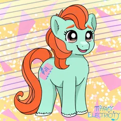 Size: 1280x1280 | Tagged: safe, artist:tiffanyelectricity, derpibooru import, bright eyes, earth pony, pony, g1, my little pony tales, female, filly, foal, image, jpeg, open mouth, open smile, signature, smiling, solo, tail, unshorn fetlocks