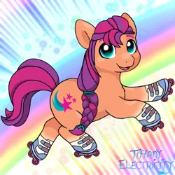 Size: 1280x1280 | Tagged: safe, artist:tiffanyelectricity, derpibooru import, sunny starscout, earth pony, pony, g5, my little pony: a new generation, 3 year anniversary, female, gonna be my day, image, jpeg, mare, open mouth, open smile, roller skates, signature, skates, smiling, solo, tail