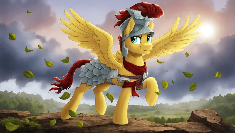 Size: 2560x1456 | Tagged: safe, ai content, derpibooru import, machine learning generated, flash magnus, pegasus, pony, g4, armor, armor skirt, clothes, cloud, helmet, image, jpeg, leaves, male, royal legion, skirt, solo, spread wings, stallion, standing on two hooves, sun, wings