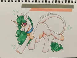 Size: 1280x961 | Tagged: safe, artist:jjsh, derpibooru import, oc, oc:sugarstar, unofficial characters only, unicorn, bell, bell collar, collar, cute, fangs, heart, hooves, horn, image, jpeg, leonine tail, looking at you, marker drawing, open mouth, running, sketchbook, smiling, smiling at you, solo, tail, teeth, traditional art