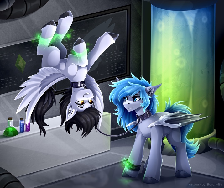 Size: 2560x2149 | Tagged: safe, artist:buvanybu, derpibooru import, oc, unofficial characters only, bat pony, pegasus, pony, collar, colored hooves, commission, image, jpeg, looking at each other, magic, telekinesis