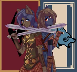 Size: 4500x4196 | Tagged: safe, artist:rensakai, derpibooru import, oc, oc:slate, oc:timber, unofficial characters only, anthro, earth pony, image, png, skyrim, sword, the elder scrolls, weapon