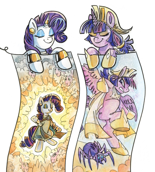 Size: 1988x2210 | Tagged: safe, artist:natalie haines, derpibooru import, idw, rarity, twilight sparkle, twilight sparkle (alicorn), alicorn, pony, sheep, spider, unicorn, g4, spoiler:comic, arachne, athena, clothes, cropped, ear piercing, earring, eyes closed, female, goddess, greek, greek clothes, greek mythology, helmet, hoof shoes, horn, horn ring, image, jewelry, jpeg, mare, my little pony classics reimagined: the odyssey, piercing, ring, smiling, spread wings, wings