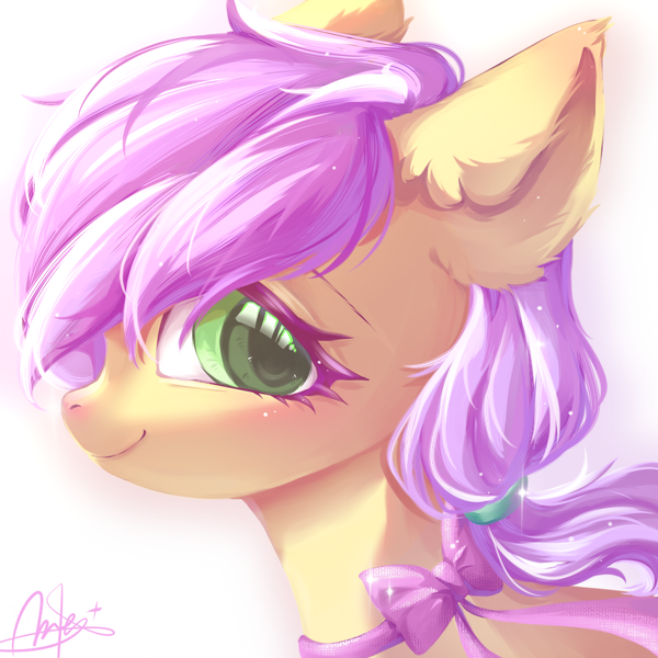 Size: 1024x1024 | Tagged: safe, artist:arlen, derpibooru import, oc, oc:plum blossoms, unofficial characters only, earth pony, pony, bust, earth pony oc, female, green eyes, image, looking at you, mane tie, mare, neck bow, png, portrait, purple mane, simple background, smiling, soles, white background, yellow coat