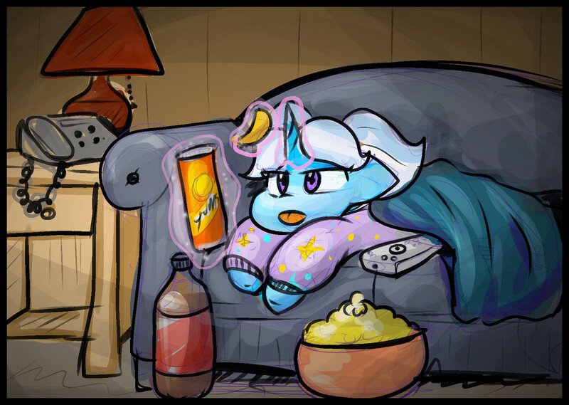 Size: 1657x1179 | Tagged: safe, artist:zutcha, derpibooru import, trixie, pony, unicorn, g4, blanket, bottle, chips, clothes, couch, female, food, horn, image, indoors, jpeg, lamp, lying down, magic, mare, phone, popcorn, prone, remote, soda bottle, telekinesis, tongue out