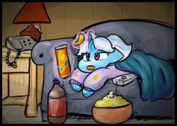 Size: 1657x1179 | Tagged: safe, artist:zutcha, derpibooru import, trixie, pony, unicorn, g4, blanket, bottle, chips, clothes, couch, female, food, horn, image, indoors, jpeg, lamp, lying down, magic, mare, phone, popcorn, prone, remote, soda bottle, telekinesis, tongue out